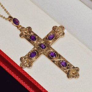 CERTIFIED NATURAL 2.95CTS AMETHYST 18K 750 SOLID GOLD ENGRAVED CROSS PENDANT